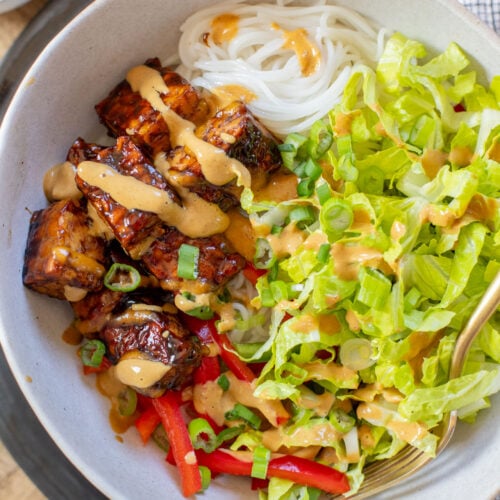 These Hoisin Tempeh Peanut Noodle Bowls are the perfect quick dinner! Crispy tempeh, rice noodles, veggies and the BEST peanut sauce | ThisSavoryVegan.com