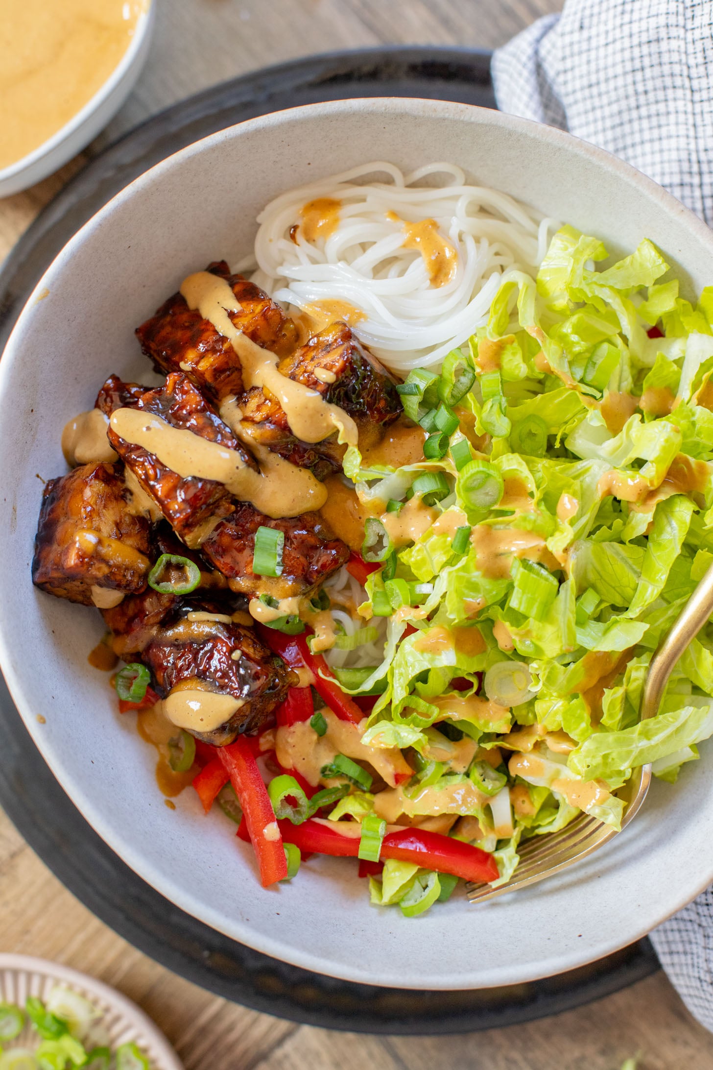 These Hoisin Tempeh Peanut Noodle Bowls are the perfect quick dinner! Crispy tempeh, rice noodles, veggies and the BEST peanut sauce | ThisSavoryVegan.com