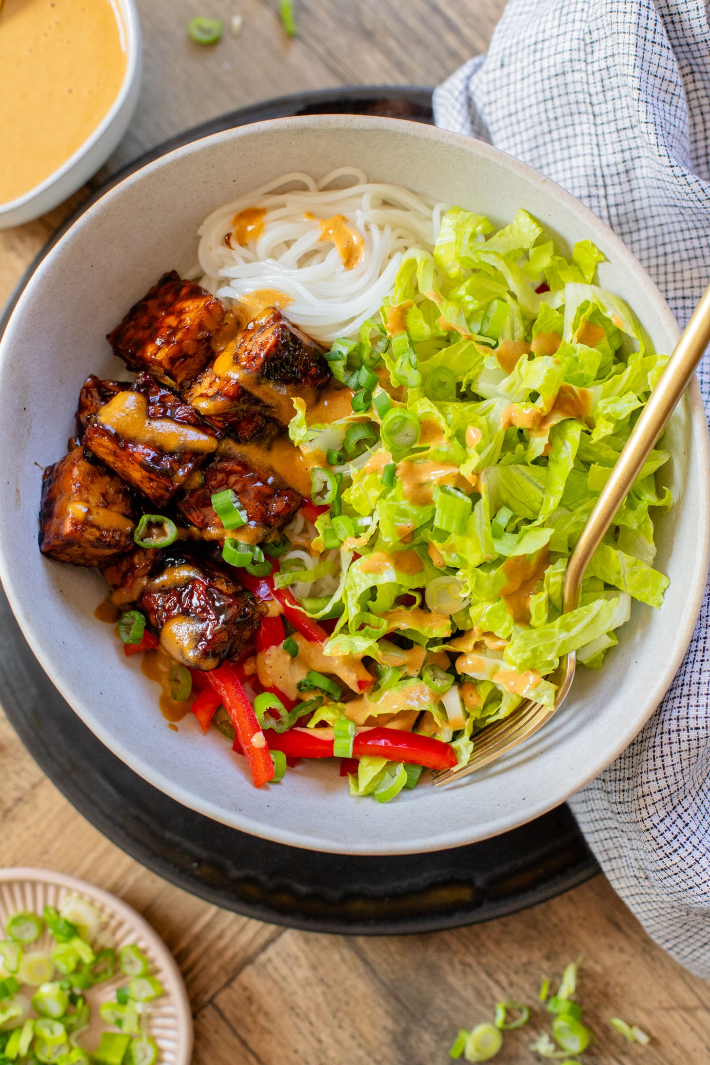 These Hoisin Tempeh Peanut Noodle Bowls are the perfect quick dinner! Crispy tempeh, rice noodles, veggies and the BEST peanut sauce | ThisSavoryVegan.com