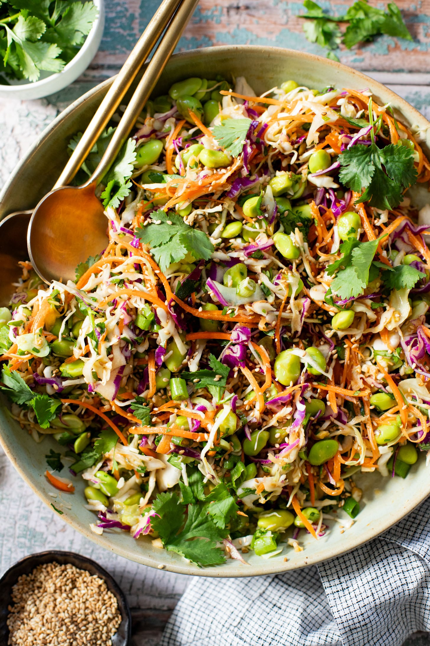 This Miso Sesame Crunch Salad is packed with veggies, including plant protein, and tossed with the best miso dressing that you'll want to put on everything | ThisSavoryVegan.com