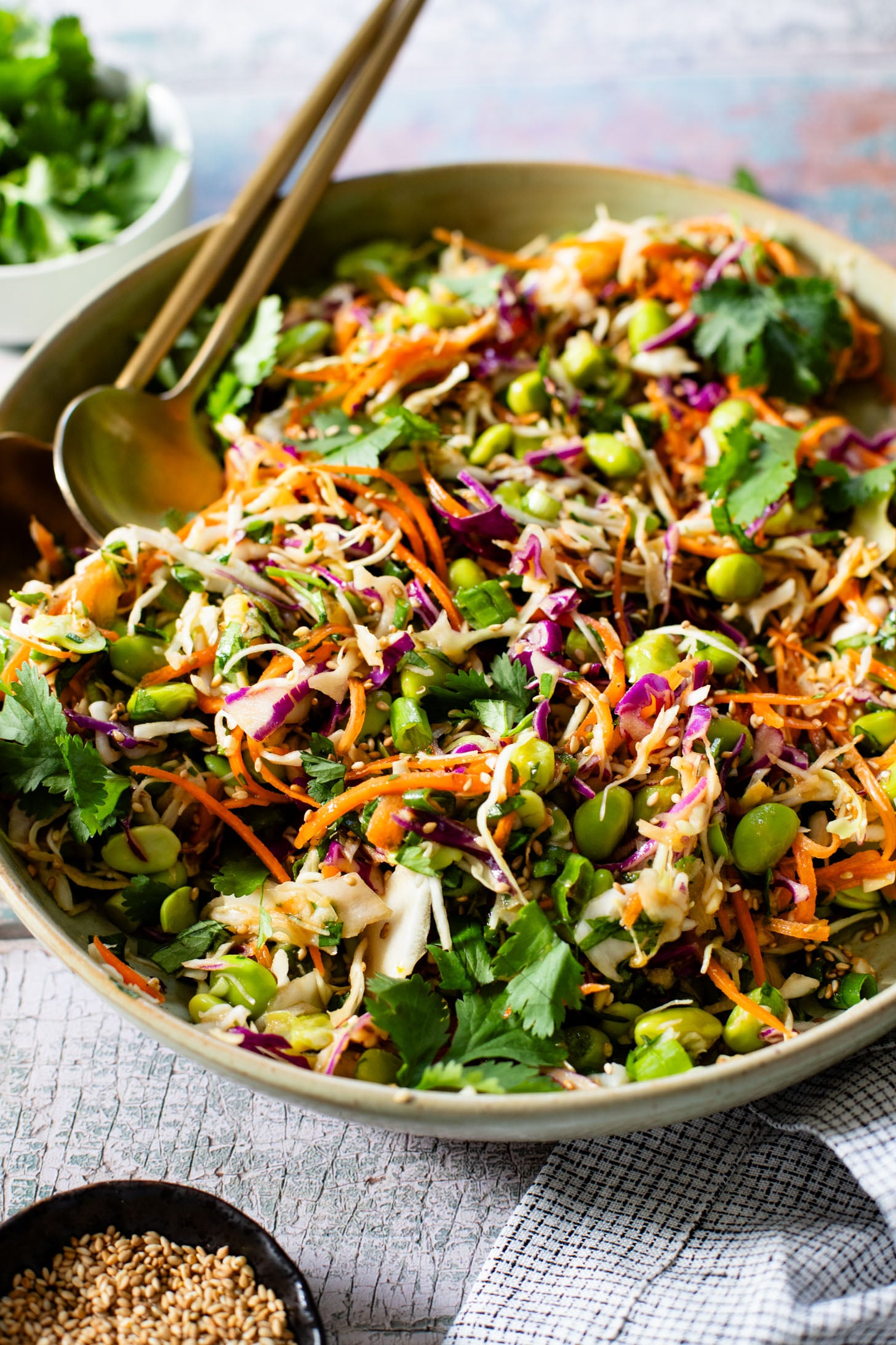 This Miso Sesame Crunch Salad is packed with veggies, including plant protein, and tossed with the best miso dressing that you'll want to put on everything | ThisSavoryVegan.com
