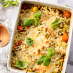 This Pesto Orzo Chickpea Bake is the perfect one pot vegan casserole! Ready in 40 minutes and so delicious | ThisSavoryVegan.com