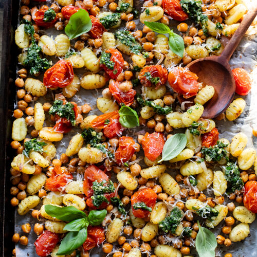 This Sheet Pan Gnocchi & Chickpeas recipe is perfect for a weeknight dinner. Everything is made on one baking sheet and is ready in 30 minutes | ThisSavoryVegan.com