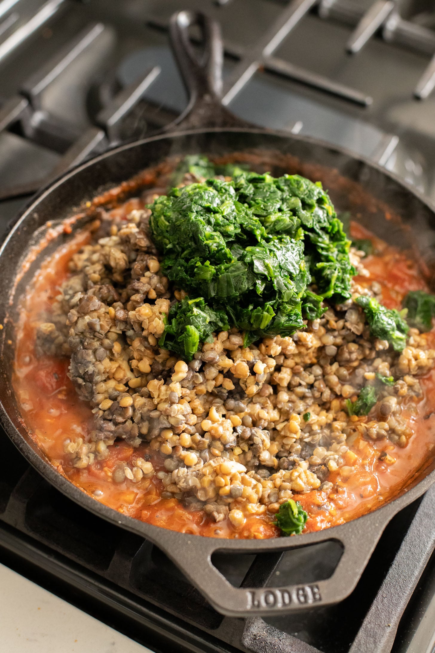 This Lentil & Spinach Skillet is an easy and delicious one-pot dinner that is ready in under an hour! Perfect family dinner | ThisSavoryVegan.com