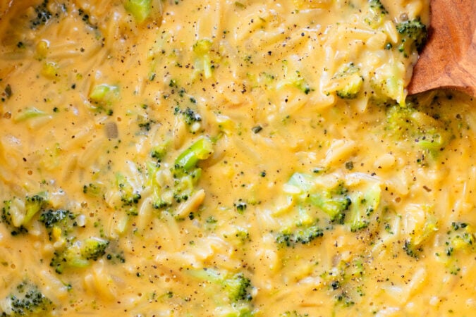 This Vegan Broccoli Cheddar Orzo is a creamy & cozy weeknight dinner that is 100% dairy-free and super delicious | ThisSavoryVegan.com