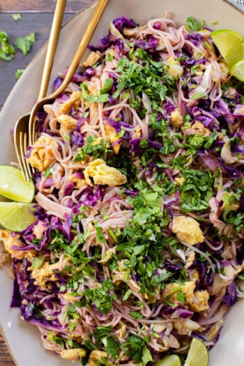 This Cabbage and Rice Noodle Stir-Fry is great for a weeknight when you are short on time for dinner. Noddles, veggies & vegan eggs for protein | ThisSavoryVegan.com