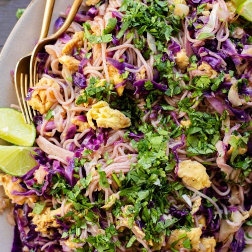 This Cabbage and Rice Noodle Stir-Fry is great for a weeknight when you are short on time for dinner. Noddles, veggies & vegan eggs for protein | ThisSavoryVegan.com