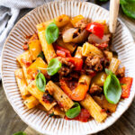 This Vegan Sausage & Peppers Rigatoni is the perfect comfort meal on a weeknight. Super easy to make and everyone will love it | ThisSavoryVegan.com