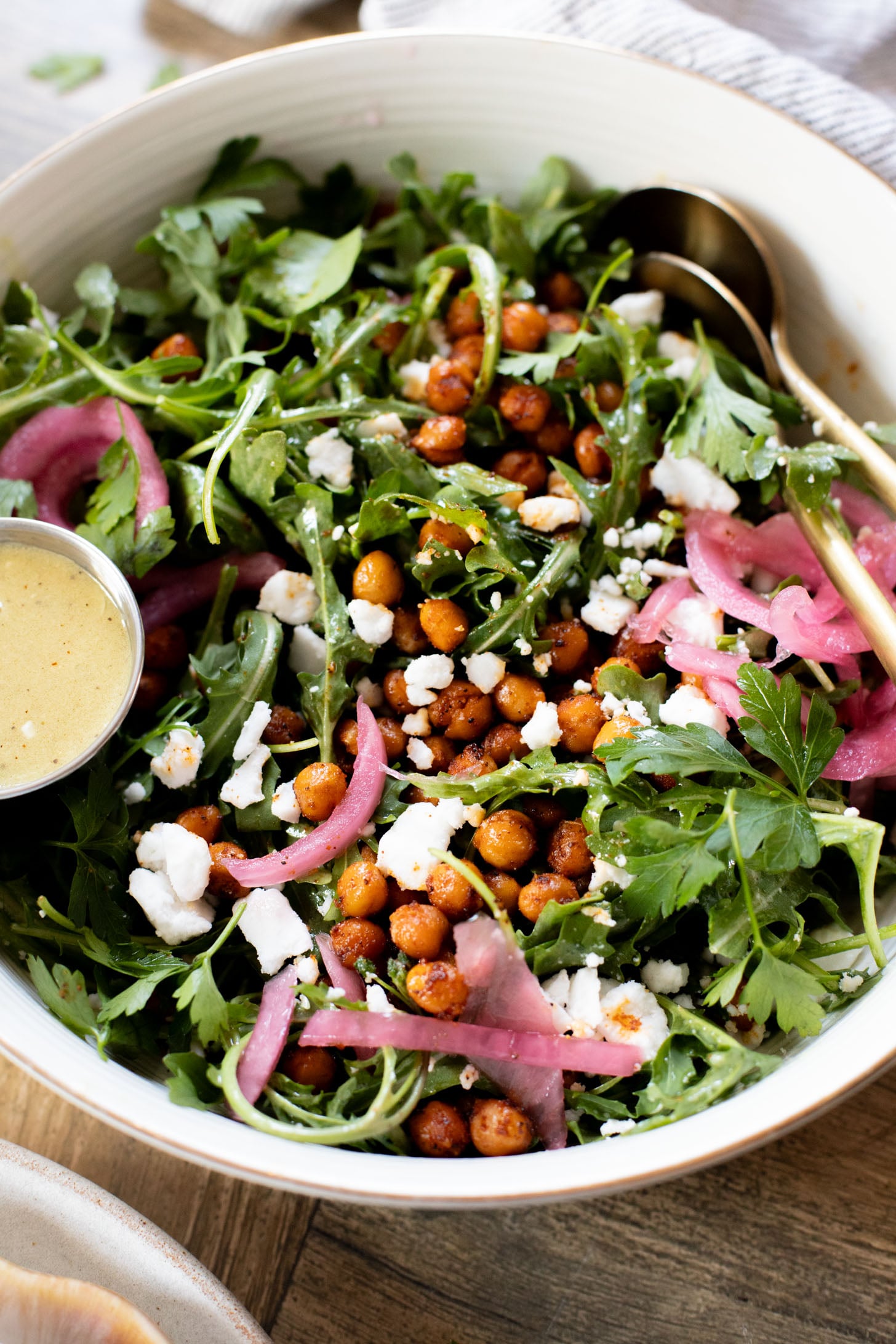 This Crispy Chickpea Arugula Salad is the perfect light, bright & delicious vegan salad. The vegan honey dijon dressing is delish | ThisSavoryVegan.com