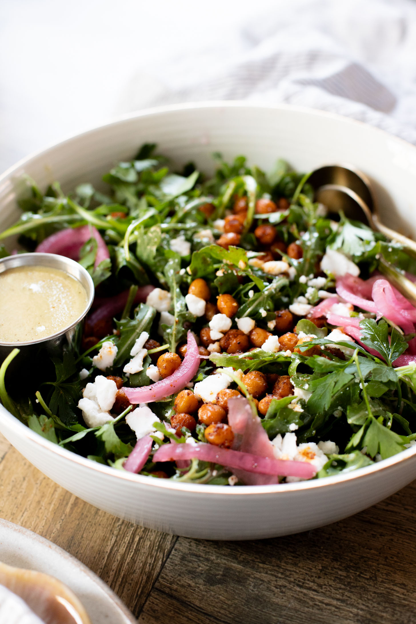 This Crispy Chickpea Arugula Salad is the perfect light, bright & delicious vegan salad. The vegan honey dijon dressing is delish | ThisSavoryVegan.com