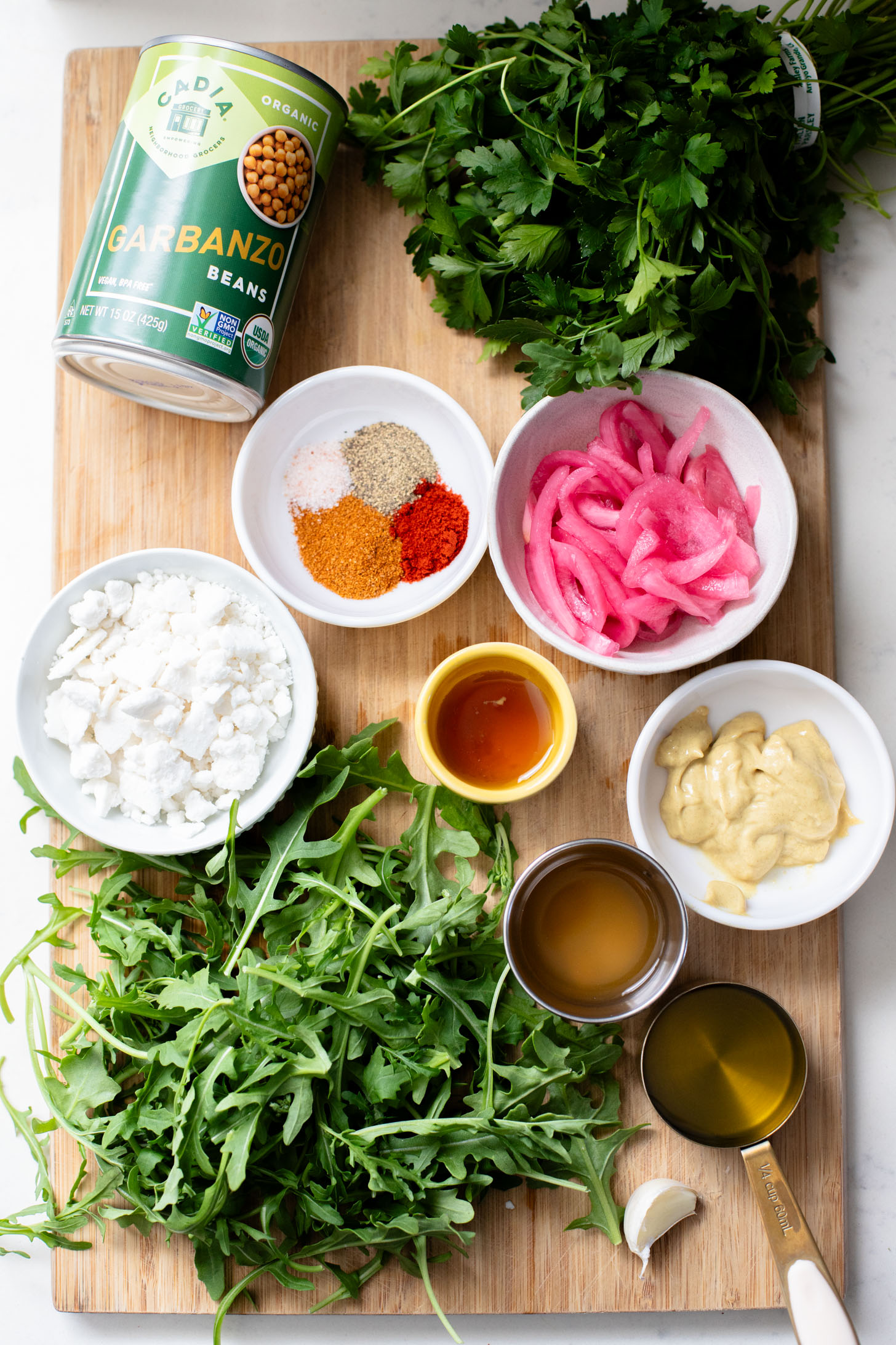 This Crispy Chickpea Arugula Salad is the perfect light, bright & delicious vegan salad. The vegan honey dijon dressing is delish | ThisSavoryVegan.com