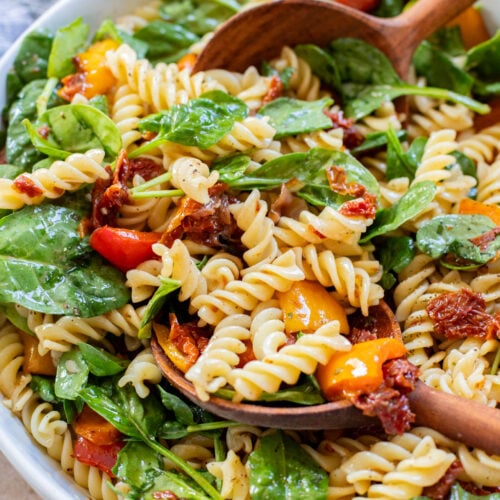 This Roasted Pepper Pasta Salad is simple but packed with flavor. Loaded with pasta, sun-dried tomatoes, roasted peppers and a light dressing | ThisSavoryVegan.com