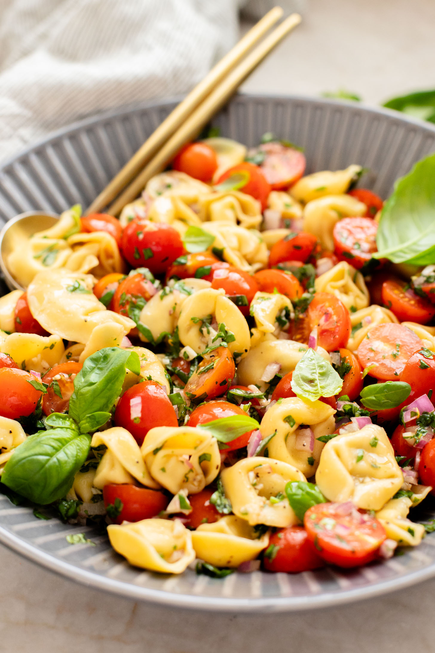 This Tomato Basil Tortellini Salad is made with chilled vegan tortellini, cherry tomatoes, balsamic, garlic & fresh herbs. The perfect summer salad | ThisSavoryVegan.com