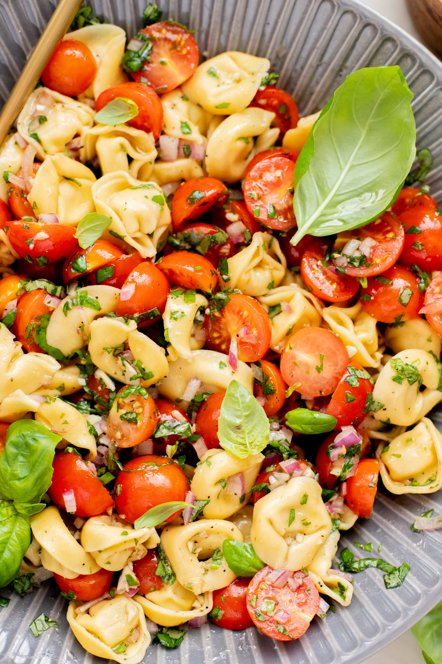 This Tomato Basil Tortellini Salad is made with chilled vegan tortellini, cherry tomatoes, balsamic, garlic & fresh herbs. The perfect summer salad | ThisSavoryVegan.com