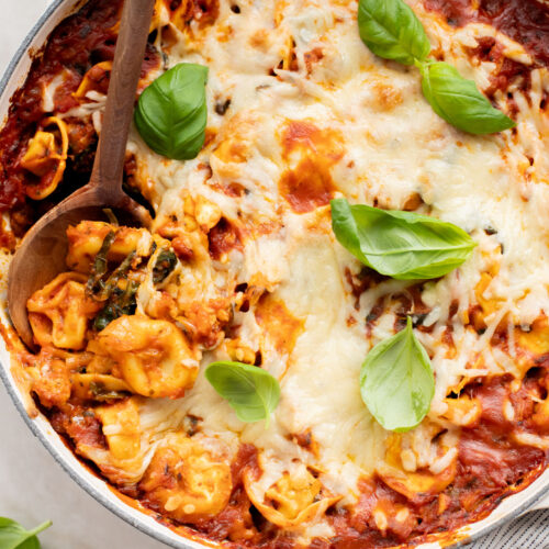 This Vegan Sausage Tortellini Bake is the perfect family meal - made in one pan and super comforting | ThisSavoryVegan.com