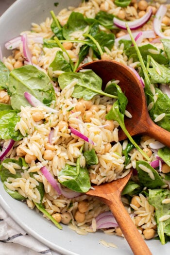 This Lemon Orzo Pasta Salad has light, fresh flavors, plus plenty of greens. The perfect vegan pasta salad for the warmer months | ThisSavoryVegan.com