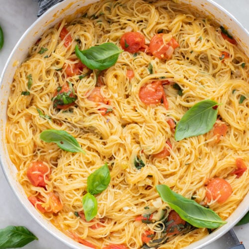 This Summer Capellini is a one-pot vegan pasta dish that is simple but packed with flavor from cherry tomatoes & garlic | ThisSavoryVegan.com