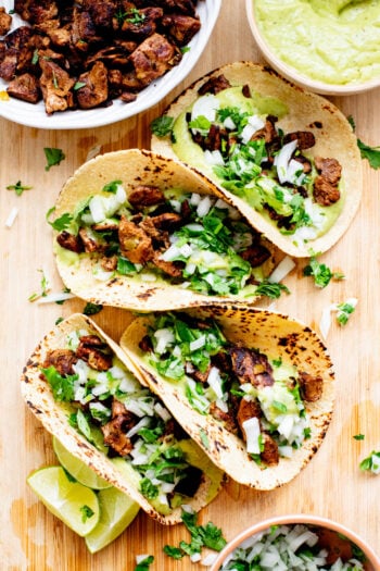 These Chipotle "Steak" Tacos with Avocado Salsa are the perfect weeknight dinner. Made with vegan steak and a quick & delicious salsa | ThisSavoryVegan.com