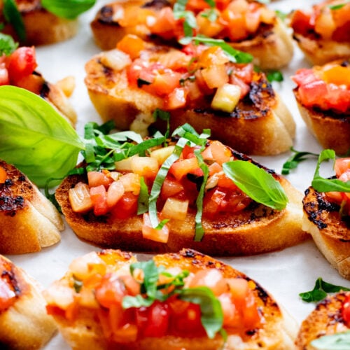 This Trader Joe's Garlic Lovers Bruschetta is the perfect summer appetizer. Made with just 4 ingredients and packed with flavor | ThisSavoryVegan.com