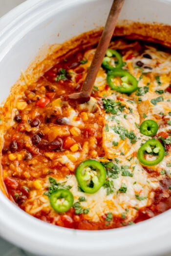 This Slow Cooker Enchilada Casserole is perfect when you want a veggie-packed dinner with minimal effort and without turning on the stove | ThisSavoryVegan.com