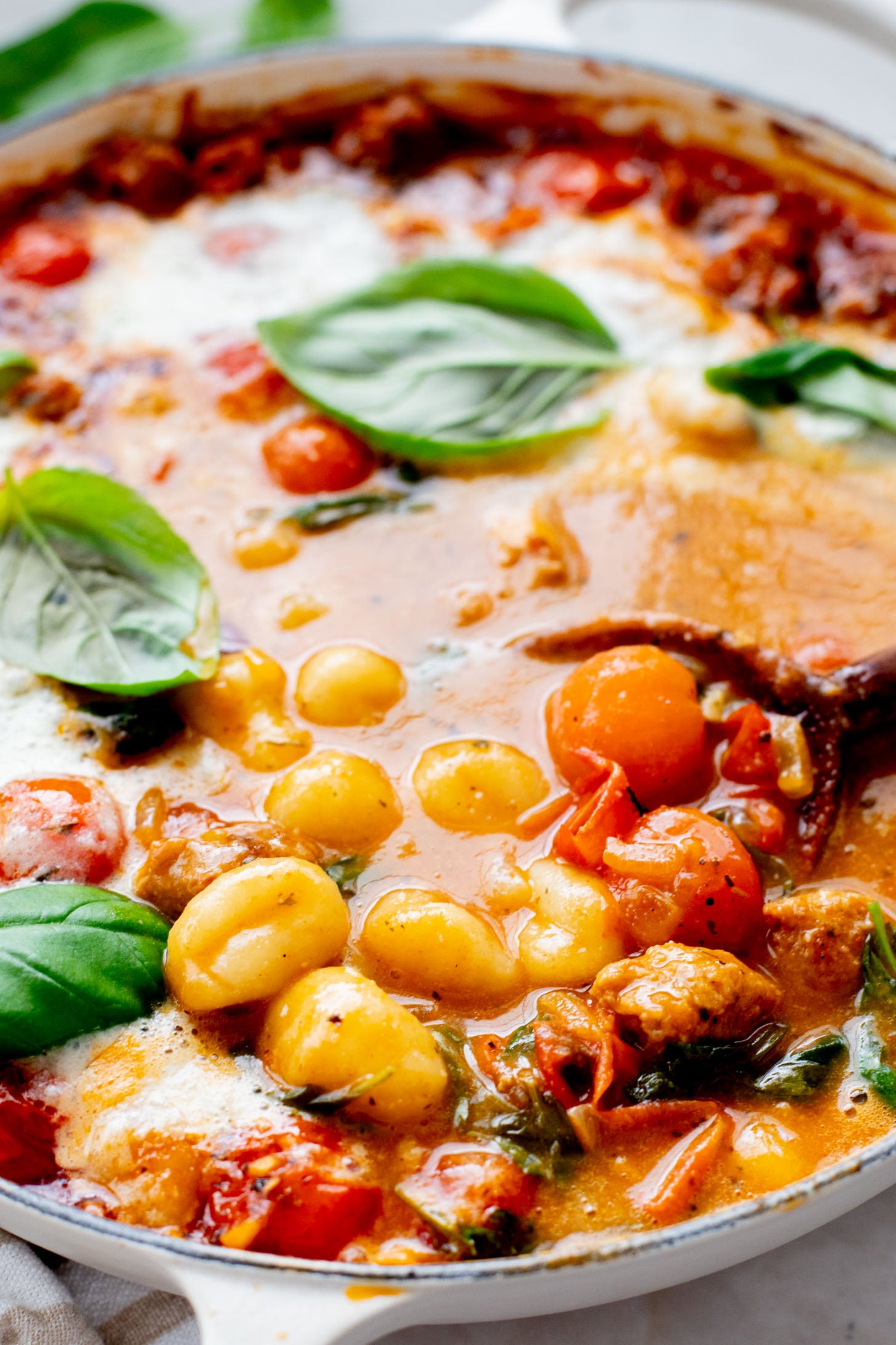 This Soupy Tomato Basil Gnocchi Bake is the perfect soup, that isn't a soup. Gnocchi is baked in a tomato broth and topped with vegan cheese | ThisSavoryVegan.com