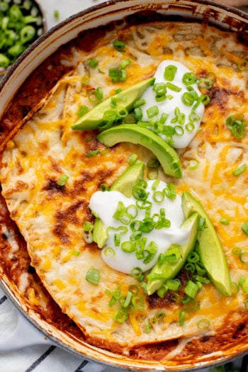 This High Protein Quinoa Enchilada Casserole is perfect for meal prep! Everything is cooked in one pot and each serving has 20+ grams of plant protein | ThisSavoryVegan.com