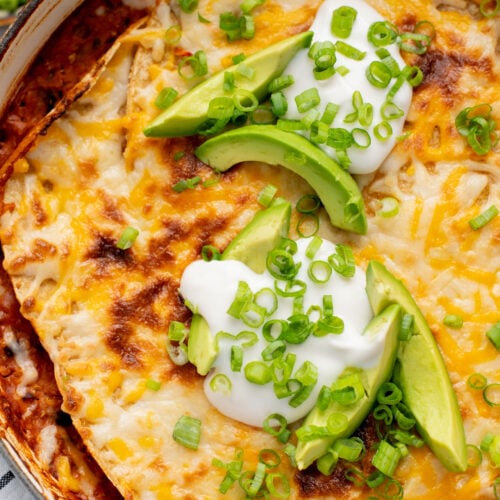 This High Protein Quinoa Enchilada Casserole is perfect for meal prep! Everything is cooked in one pot and each serving has 20+ grams of plant protein | ThisSavoryVegan.com