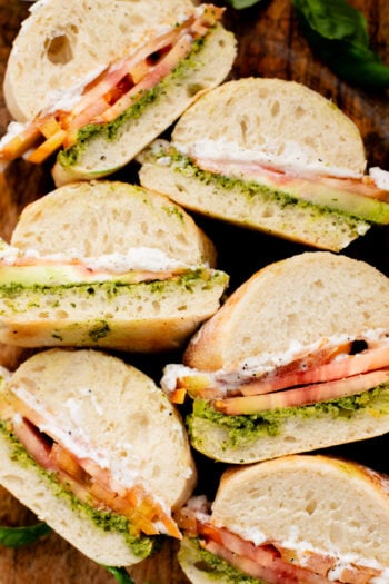 These Whipped Feta & Pesto Tomato Sandwiches are the perfect summer sammie! Made with dairy-free feta - the perfect way to use up summer tomatoes | ThisSavoryVegan.com