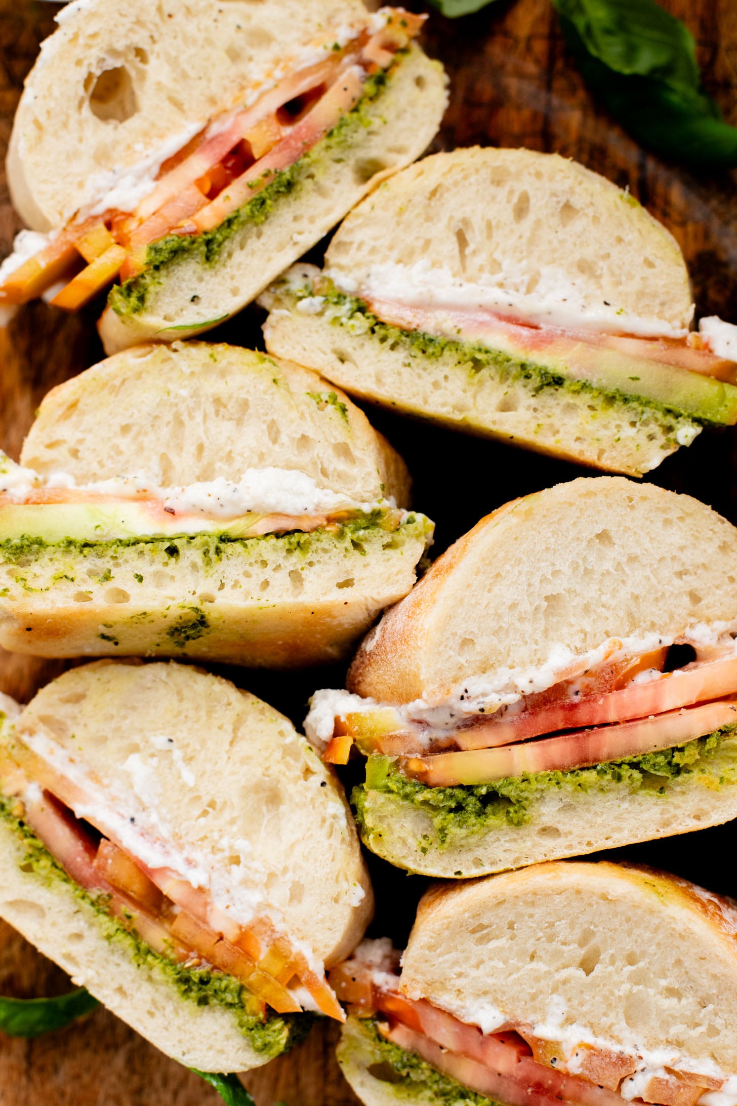 These Whipped Feta & Pesto Tomato Sandwiches are the perfect summer sammie! Made with dairy-free feta - the perfect way to use up summer tomatoes | ThisSavoryVegan.com