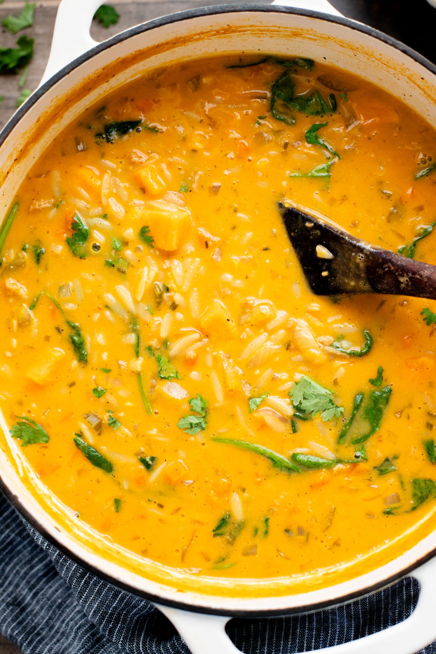 This Buffalo Sweet Potato Orzo Soup is comfort in a bowl. Made with vegan sausage, tender sweet potatoes and the perfect amount of spice | ThisSavoryVegan.com