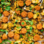 This Sheet Pan Brussels Sprouts & Sausage recipe is the perfect vegan fall dinner. The brussels sprouts are crispy, the vegan sausage is charred and delicious | ThisSavoryVegan.com