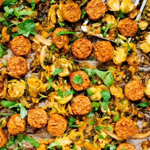 This Sheet Pan Brussels Sprouts & Sausage recipe is the perfect vegan fall dinner. The brussels sprouts are crispy, the vegan sausage is charred and delicious | ThisSavoryVegan.com