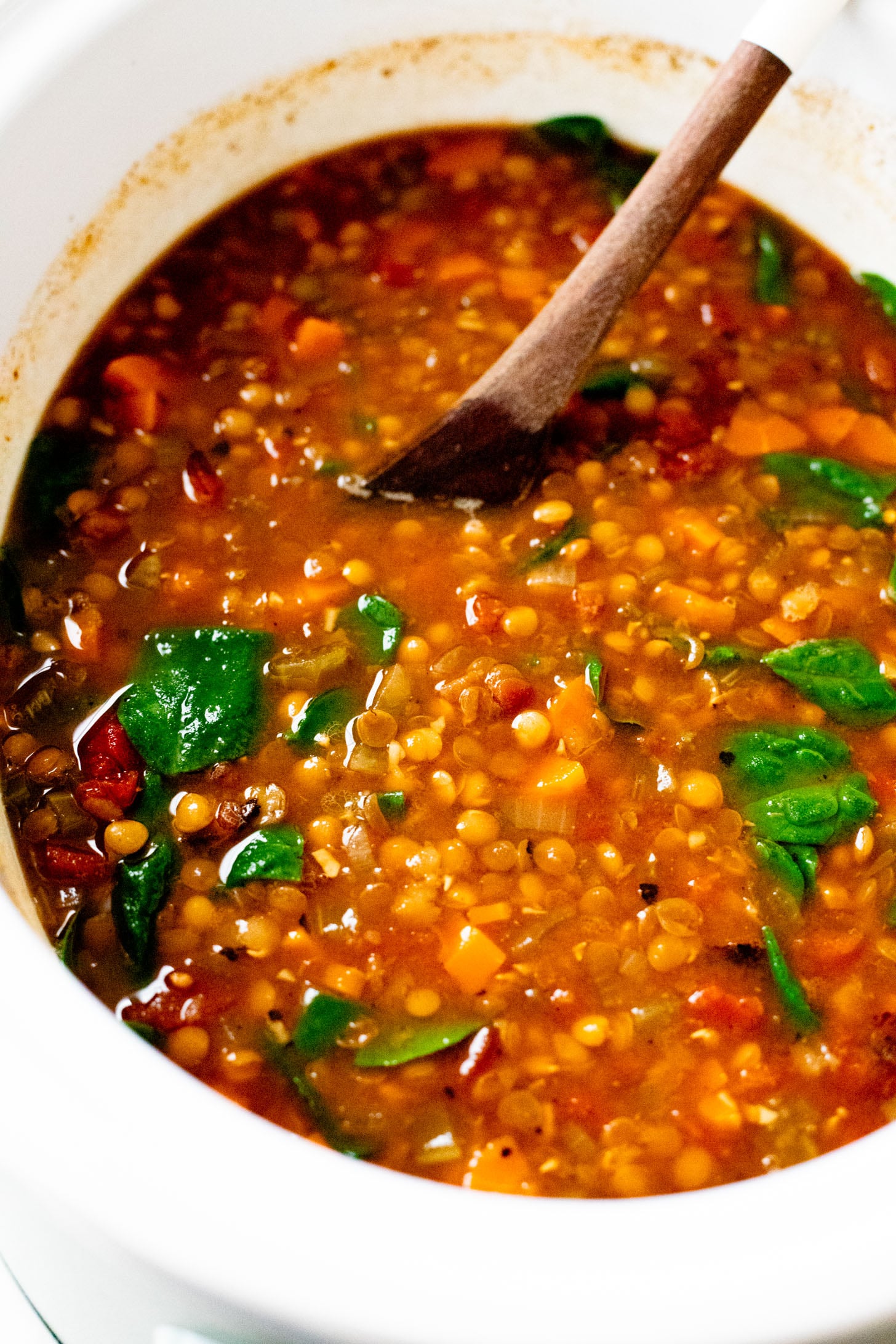 This Slow Cooker Lentil & Veggie Soup is hearty, easy and delicious. Packed with veggies & simmered all day in the most delicious vegan broth | ThisSavoryVegan.com