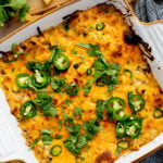 This Spicy Cheesy Corn Dip is the perfect dairy-free game day snack! Creamy, delicious and has the perfect kick. Great with chips | ThisSavoryVegan.com