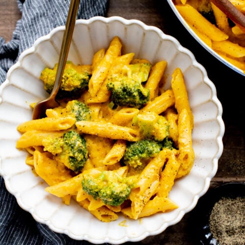 This Butternut Squash Penne with Broccoli is perfectly creamy and is packed with veggies. A delicious dairy-free pasta | ThisSavoryVegan.com
