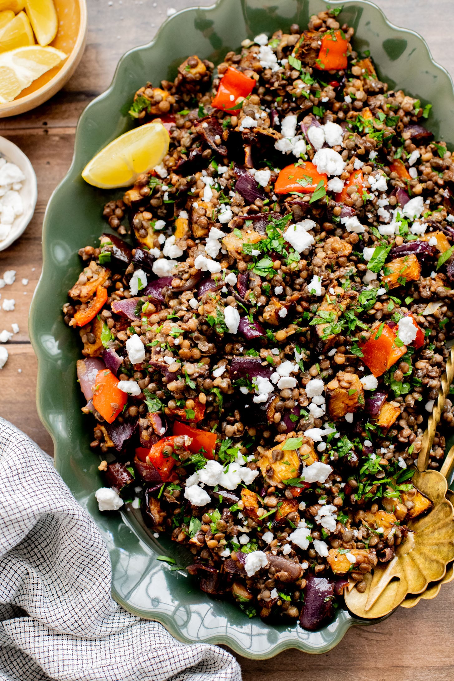 This Roasted Veggie Lentil Salad is filled with eggplant, bell pepper, onions, fresh herbs, lentils, vegan feta & a light, tangy dressing | ThisSavoryVegan.com