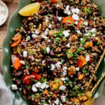This Roasted Veggie Lentil Salad is filled with eggplant, bell pepper, onions, fresh herbs, lentils, vegan feta & a light, tangy dressing | ThisSavoryVegan.com