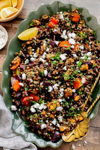 This Roasted Veggie Lentil Salad is filled with eggplant, bell pepper, onions, fresh herbs, lentils, vegan feta & a light, tangy dressing | ThisSavoryVegan.com