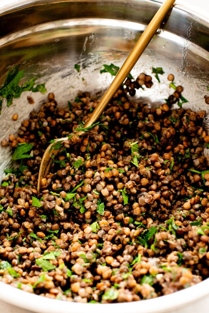 This Roasted Veggie Lentil Salad is filled with eggplant, bell pepper, onions, fresh herbs, lentils, vegan feta & a light, tangy dressing | ThisSavoryVegan.com