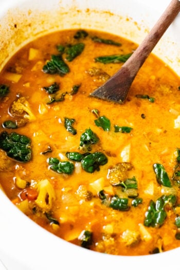 This Slow Cooker Red Curry Potato Soup is packed with veggies and the most delicious coconut broth. The perfect dairy-free soup | ThisSavoryVegan.com