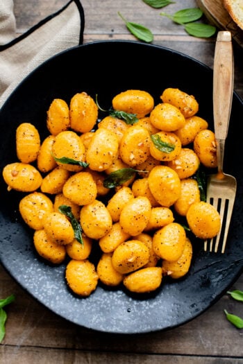 This Trader Joe's Brown Butter Pumpkin Gnocchi is the perfect vegan dinner for fall. 6 Simple ingredients and ready in 20 minutes | ThisSavoryVegan.com