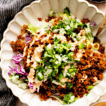 These Vegan Chipotle Beef Rice Bowls are the perfect weeknight dinner. Filled with veggies, plant protein and chipotle mayo | ThisSavoryVegan.com