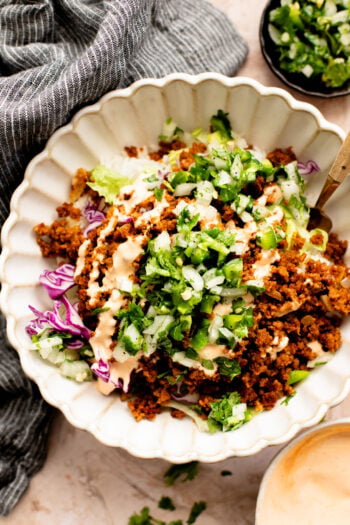 These Vegan Chipotle Beef Rice Bowls are the perfect weeknight dinner. Filled with veggies, plant protein and chipotle mayo | ThisSavoryVegan.com
